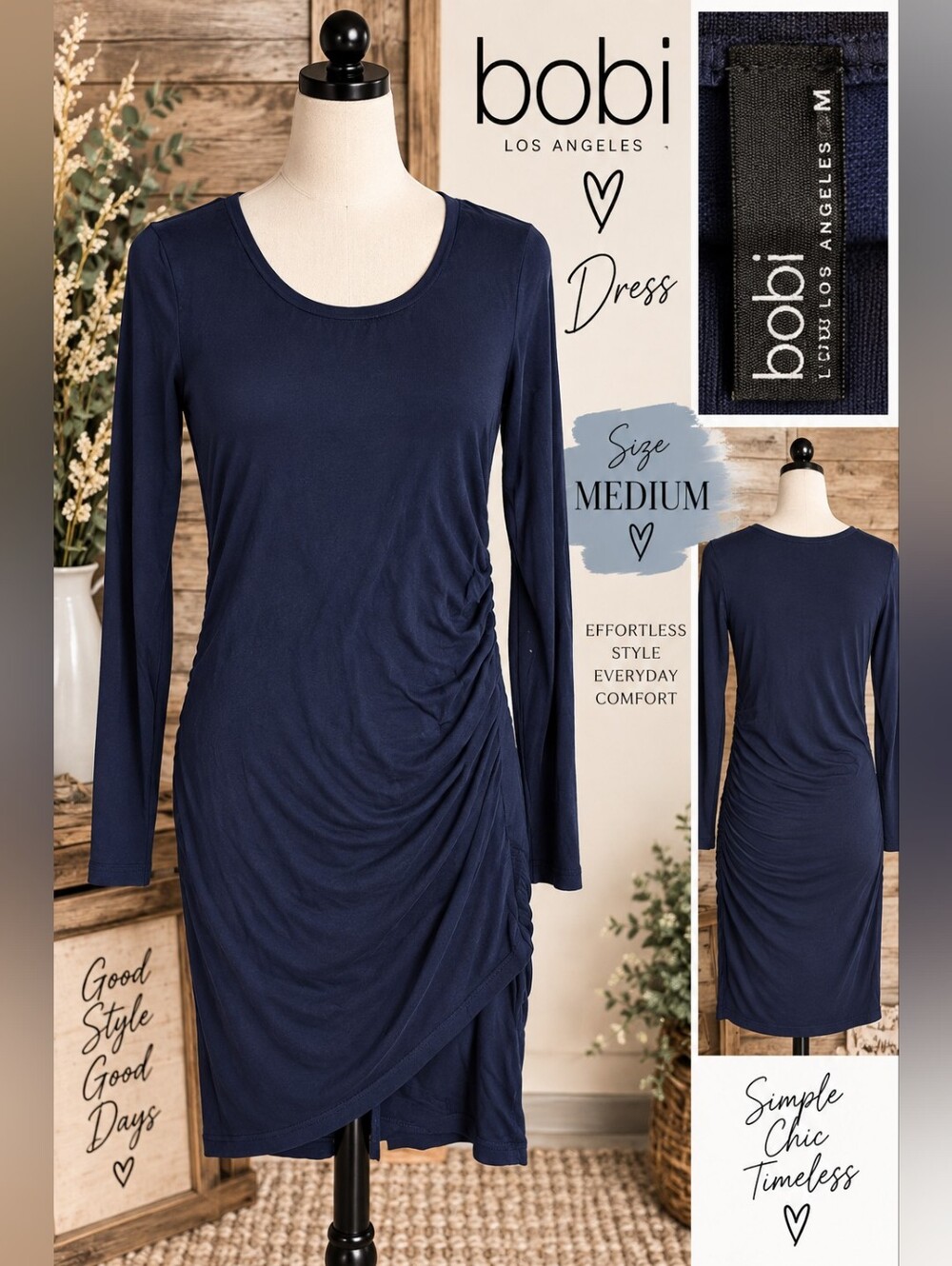 bobi Navy Long Sleeve Ruched Midi Dress
